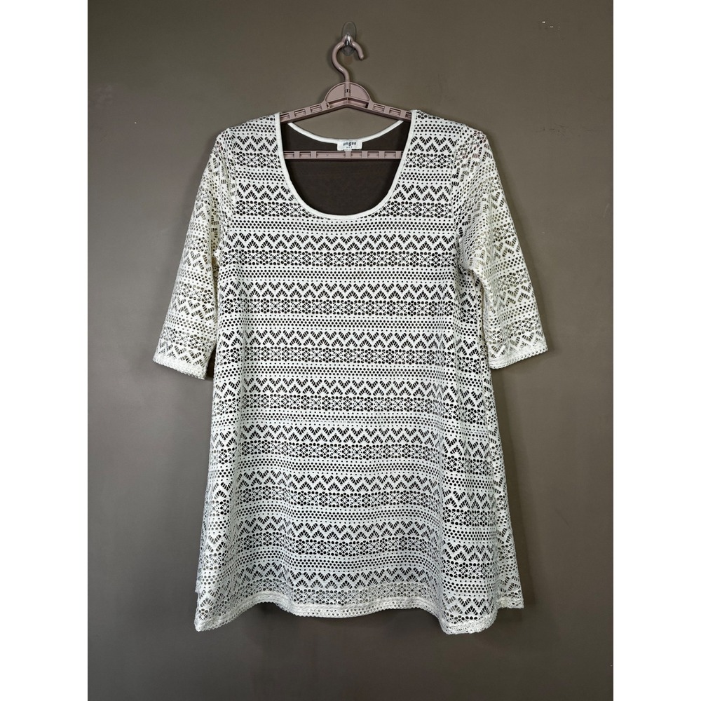 Umgee Cream Geometric Lace Tunic Dress 3/4 Sleeve Scoop Neck A1546 Large
